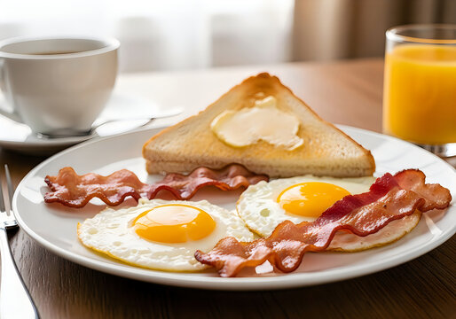 Delicious breakfast plate with eggs, bacon, toast, and hash browns