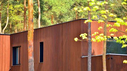 Naklejka premium Villa surrounded by trees on bright sunny day. Beautiful exterior of modern luxury home with linear design and elegant use of wood and metal. 