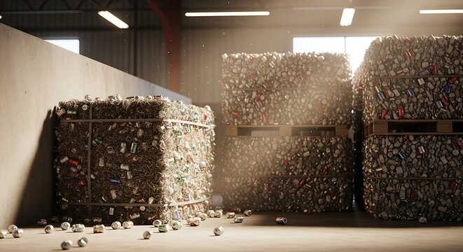 Industrial warehouse storage featuring compressed aluminum can bale stacks and loose scrap metal items ready for industrial recycling and sustainable processing