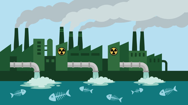 Industrial pollution illustration with factories, toxic waste, and dead fish