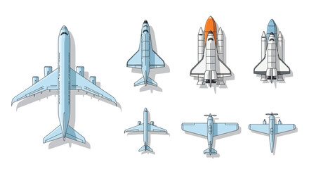 Collection of Aircraft and Spacecraft, Top View: Jets, Propellers, Space Shuttles © Deb