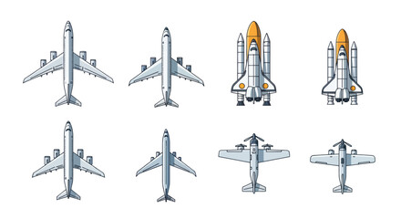 Fototapeta premium Collection of Airplanes and Space Shuttle Icons: Top View