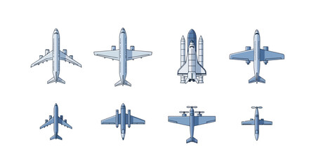 Collection of Airplanes and Space Shuttle Set, Top View, Isolated on White Background © Depadepo