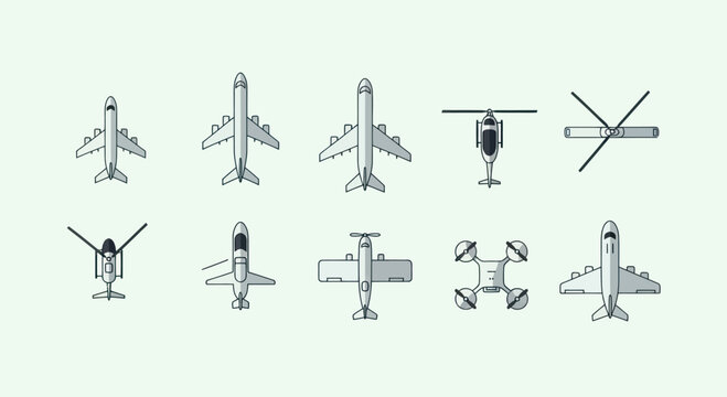 Collection of Aircraft Icons: Airplanes, Helicopters, Drones, Top View