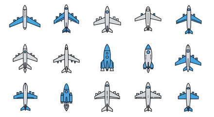 Collection of Cartoon Airplanes and Rockets Icons, Aviation and Space Travel Symbols © Depadepo