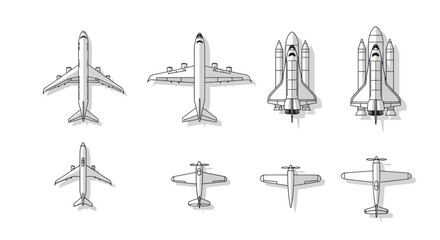 Collection of diverse aircraft and spacecraft icons, top view, flat design © Depadepo