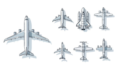Collection of diverse aircraft and spacecraft illustrations, top view © Depadepo
