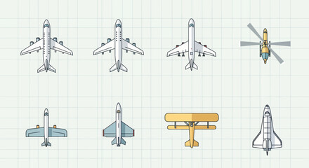 Collection of diverse aircraft icons, top-down view: airplanes, helicopter, biplane, shuttle © Depadepo