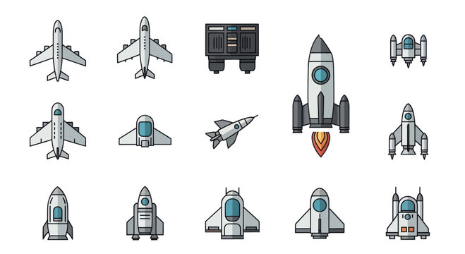 Collection of cartoon aircraft, rockets, and spacecraft icons on white background