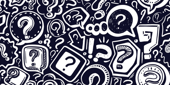 Question mark seamless pattern. Vector hand drawn chalk backdrop ideal for exam material, for quiz design, FAQ section or comic illustration and think inspired design wallpaper. Repeat scribble print