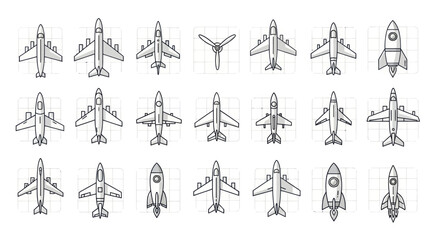 Collection of Hand-Drawn Airplanes and Rockets, Top View © Fa