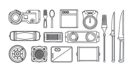 Collection of Outline Icons: Camera, Utensils, Appliances, Gadgets © Fa