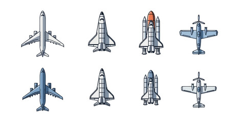 Collection of stylized aircraft and spacecraft icons, top view © Fa