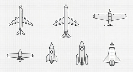 Collection of stylized airplanes and spacecraft icons on grid background © Fa