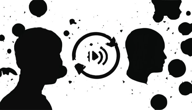 Communication icon featuring two human head silhouettes and a circular rotation arrow represents the ongoing exchange of dialogue and feedback between two individuals in a digital social context.