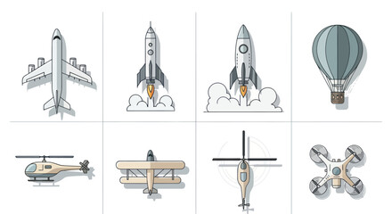 Diverse Aircraft Collection: Airplane, Rockets, Helicopter, Drone, Biplane, Hot Air Balloon © Fa