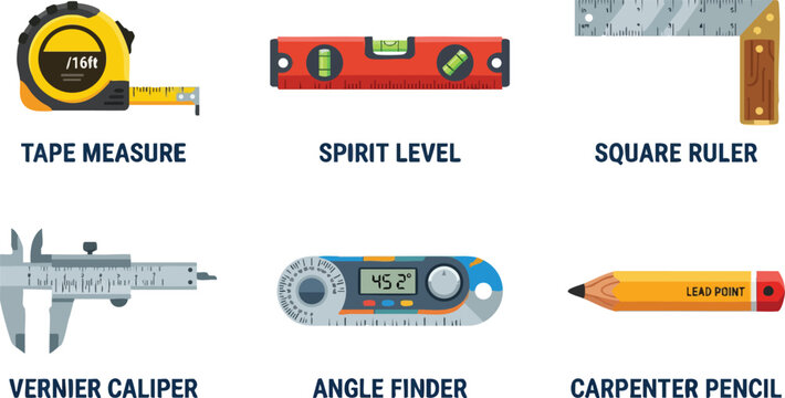 Colorful tape measure spirit level square ruler vernier caliper angle finder carpenter pencil vector art