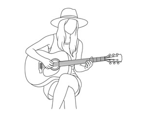 Naklejka premium Young woman wearing a hat sitting down while playing an acoustic guitar indoors now.