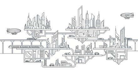 Fototapeta premium Futuristic Cityscape Line Art: Advanced Urban Design with Flying Cars and Monorails