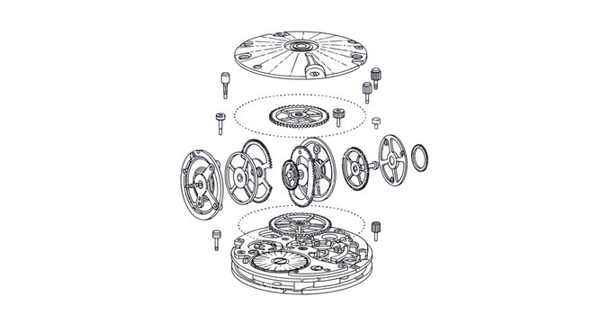 Exploded View Watch Mechanism Technical Drawing