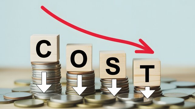 Conceptual image illustrating financial strategies for effective cost reduction and business savings, depicted with wooden blocks spelling 'COST' on decreasing stacks of coins and a downward red arrow