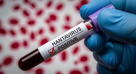 Obraz premium Hand in blue glove holding hantavirus positive test tube, with red spots in background, medical