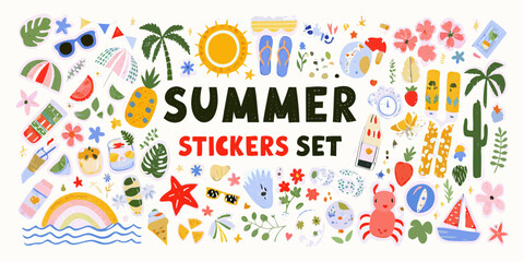 Obraz premium Summer vacation hand drawn sticker set with tropical elements