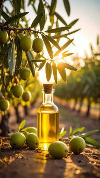 Bottle of fresh olive oil in a sunny grove.