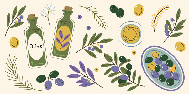 Olive oil and olives illustration earthy tones flat style