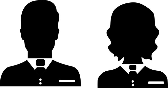 Human silhouettes of professional corporate staff members, male and female, smart formal attire icons for employee identification and minimalist human profile concept for business directories