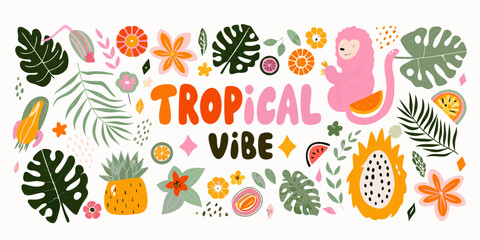 Tropical illustration with monstera leaves fruits and monkey on white background © Amrito