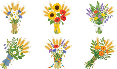 Fototapeta premium Colorful wildflower and wheat bouquet set with ribbons and beads vector art