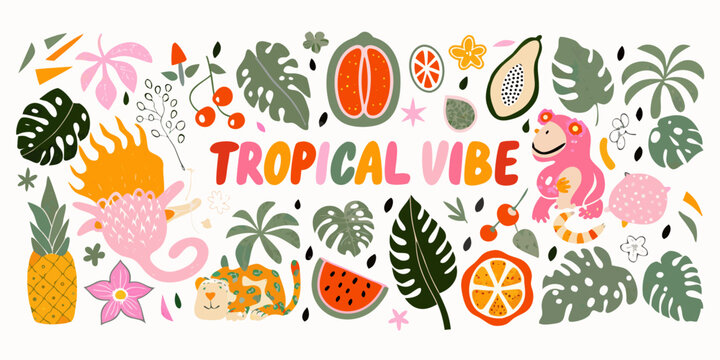 Tropical illustration with leaves fruits and animals on white background