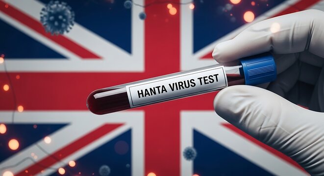 Hand in glove holding hanta virus test tube with uk flag and virus particles background, sample gloved hand