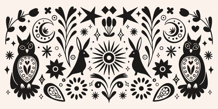 nature silhouette composition with owls rabbits and floral elements