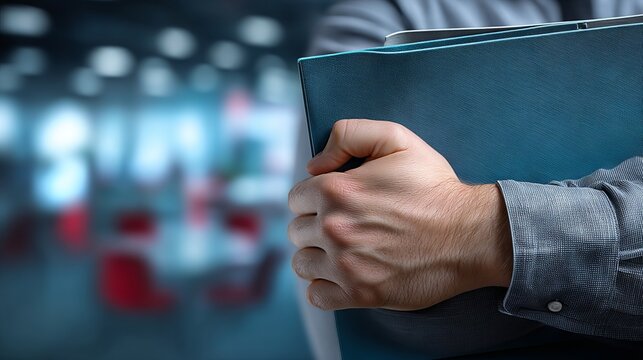 Hands Gripping Portfolio Folder in Modern Office Environment