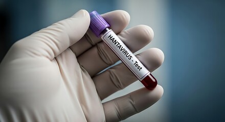 Naklejka premium Hand in medical glove holding test tube labeled 'hantavirus test' with sample