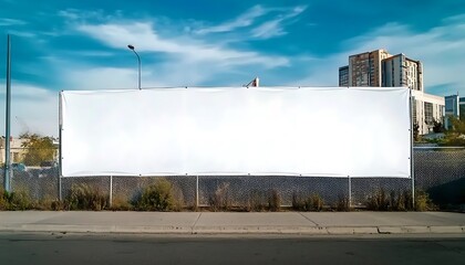 Obraz premium Blank white billboard in urban setting with buildings and sky.