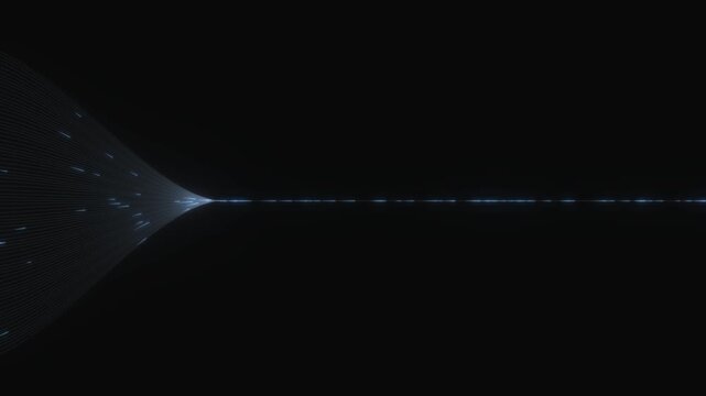 Data streams merge into a single horizontal light beam on a black background representing network synchronization and digital integration for advanced technology systems
