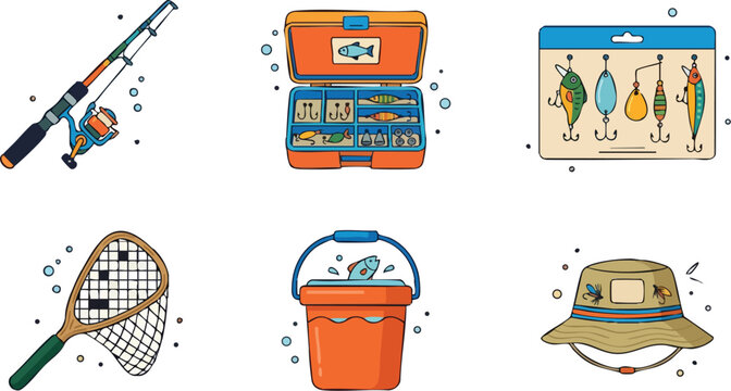Colorful fishing gear set with rod tackle box bait net bucket and hat vector art