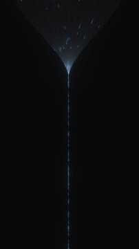 Vertical data funnel converging into a singular light ray against a dark backdrop symbolizing information processing and focused digital intelligence for tech concepts