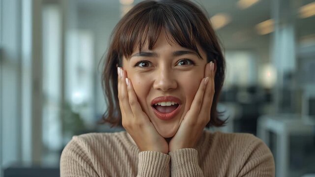 オフィスの昼光下で驚く南アジア系女性20代のビジネス向けポートレート