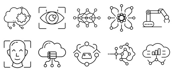 Fototapeta premium AI icons set including cloud computing facial recognition eye tracking neural networks robotics and data analysis isolated on transparent background