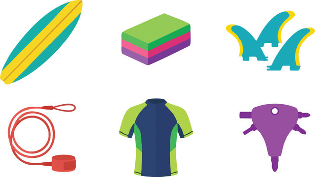 Colorful surfboard fins leash and wetsuit shirt with scooter key and sponge flat vector art