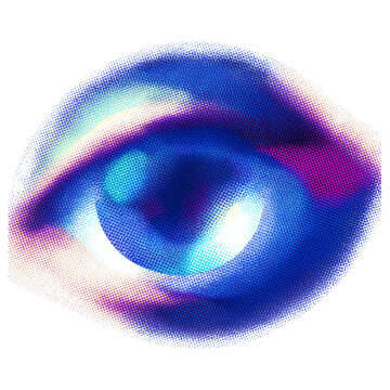 Close up of a vibrant blue and purple abstract eye with a futuristic digital glitch effect isolated on transparent background