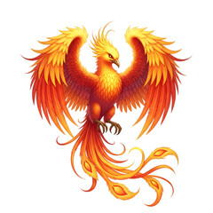 Fototapeta premium Majestic phoenix bird with vibrant orange and red feathers spreading its large wings wide in this detailed digital illustration capturing the legendary fire creature in flight