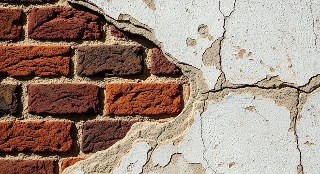 Fragment of a weathered brick wall with peeling plaster red brick white plaste