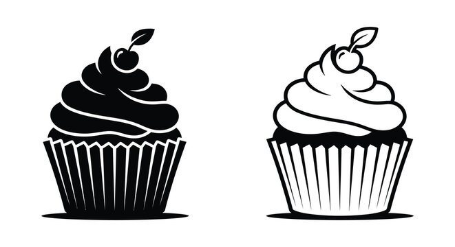cupcake with cherry on top black and white silhouette
