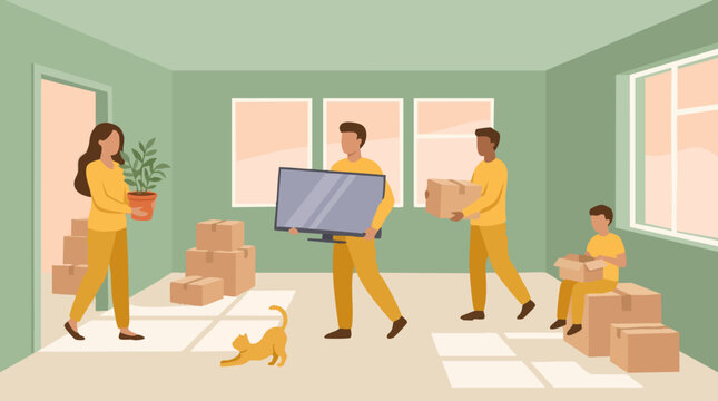 Family moving house illustration with boxes, TV, and plant