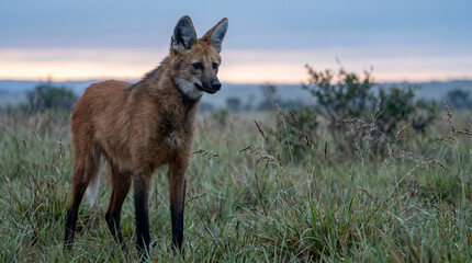Obraz premium Maned Wolf in Cerrado Grassland at Blue Hour